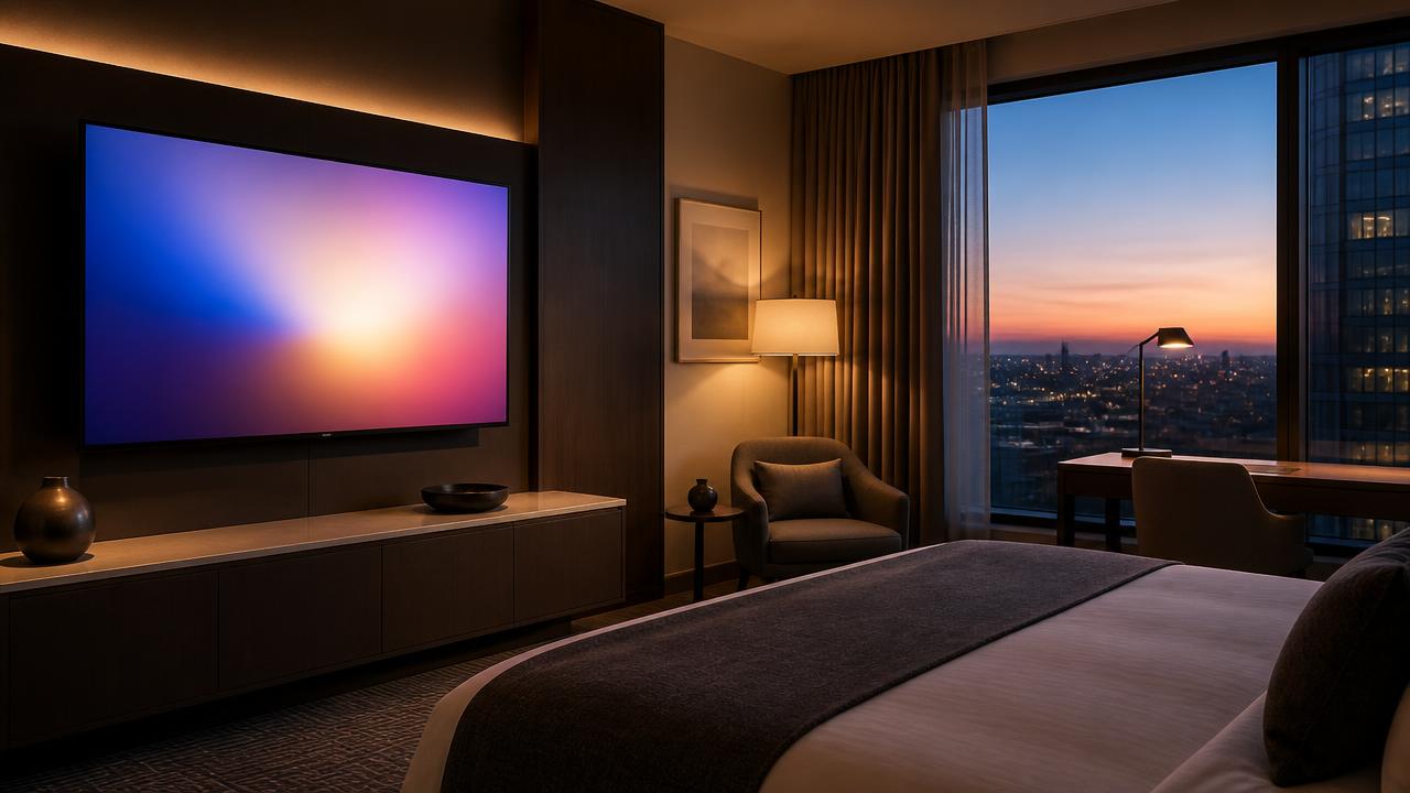 Camera d'albergo al tramonto con grande TV accesa e luce ambientale calda