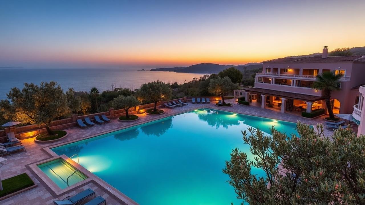 Resort mediterraneo cinque stelle con piscina al tramonto vista mare