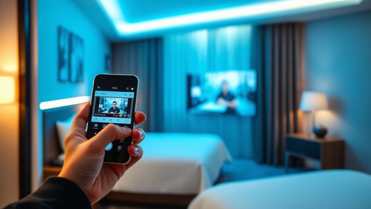 Ospite usa smartphone per il casting verso la TV in camera hotel