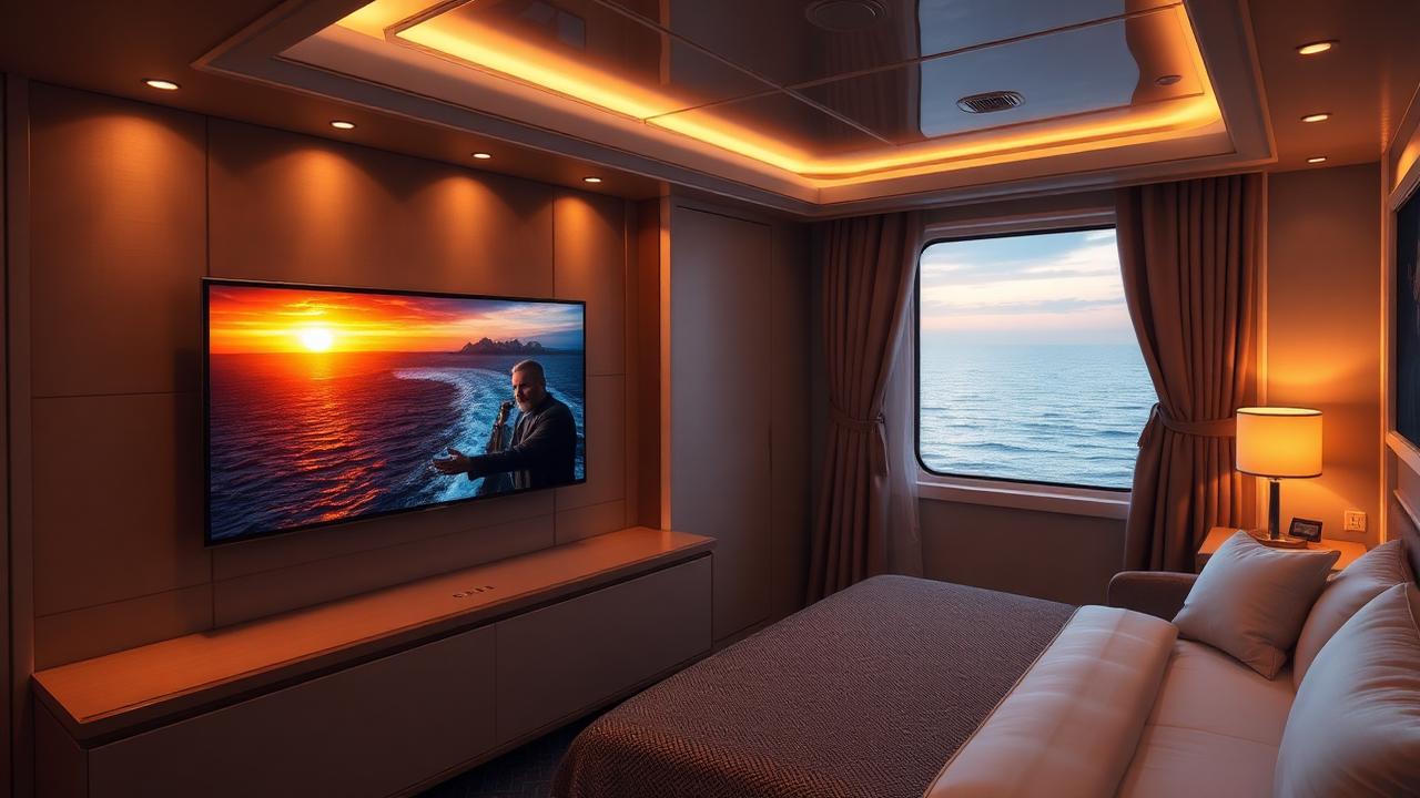 Cabina di nave da crociera con TV al tramonto sul mare