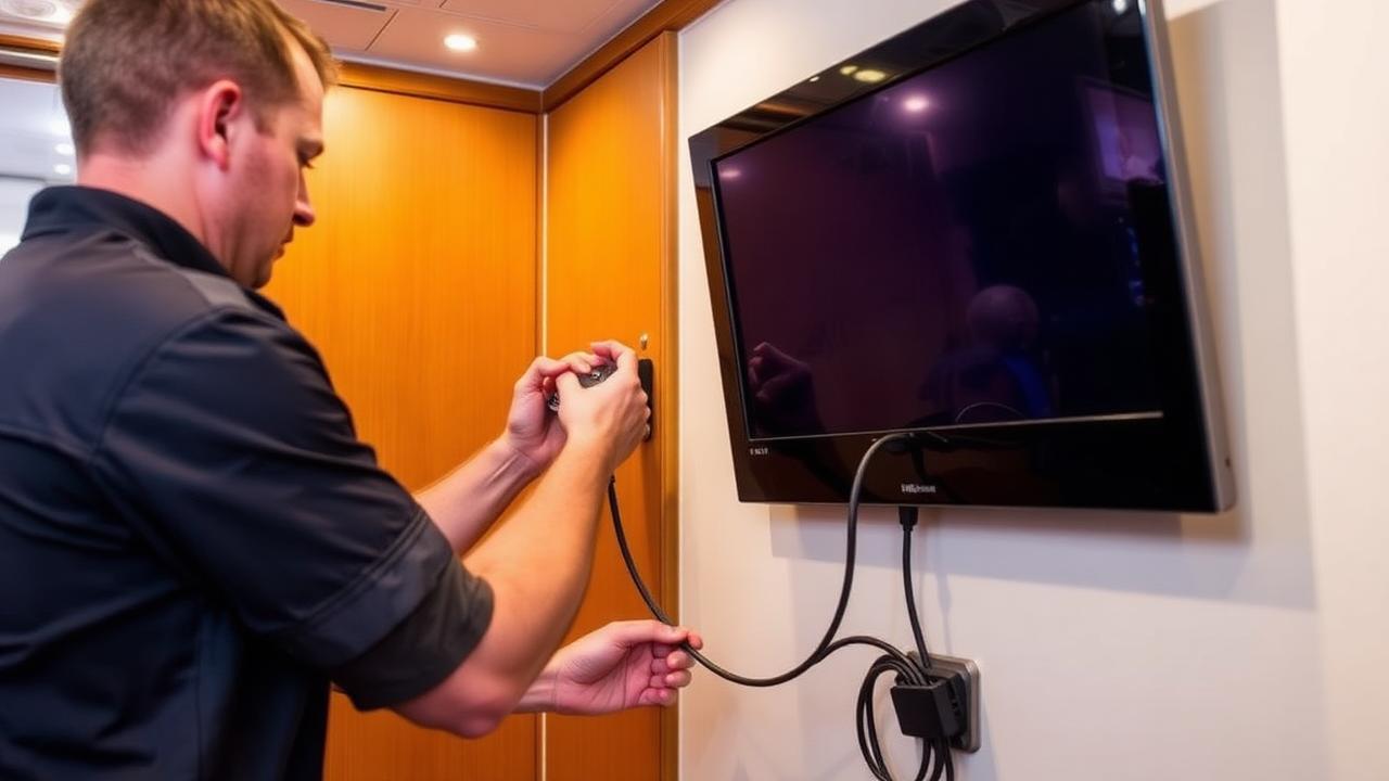 Tecnico che installa il TV box Quadro dietro al televisore di una cabina