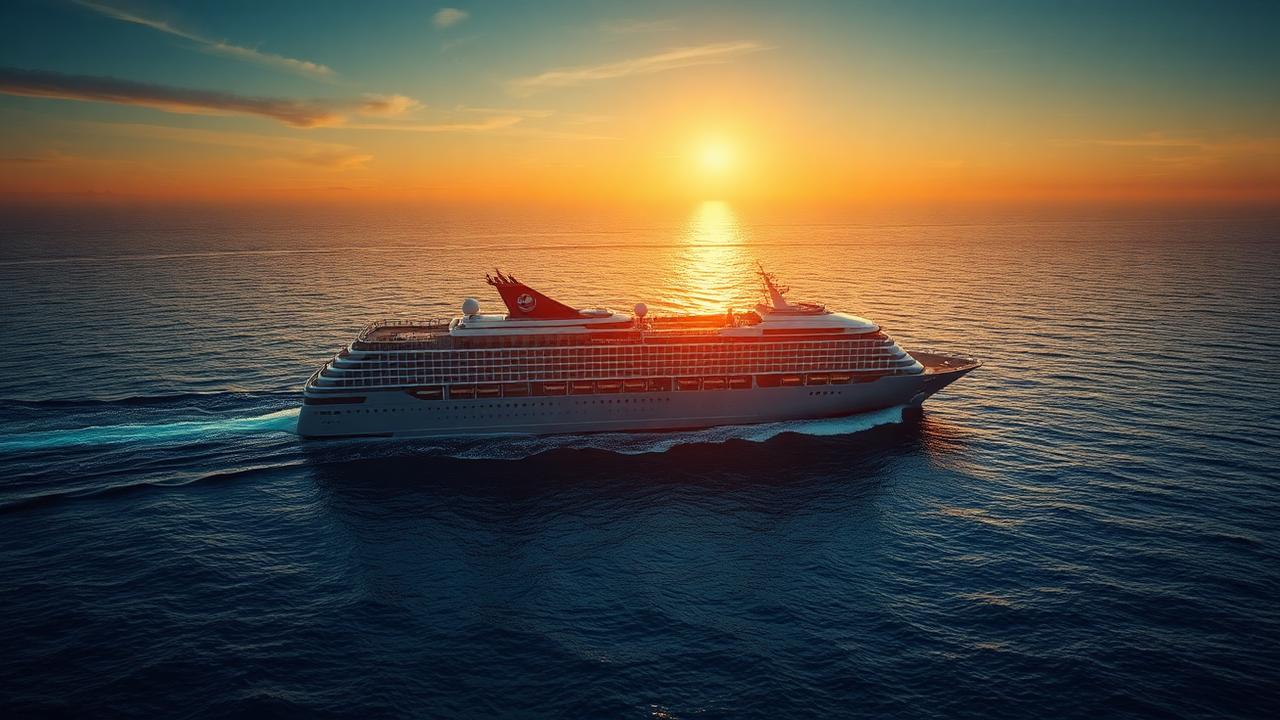 Cruise ship cabin with a television and a sea view at sunset