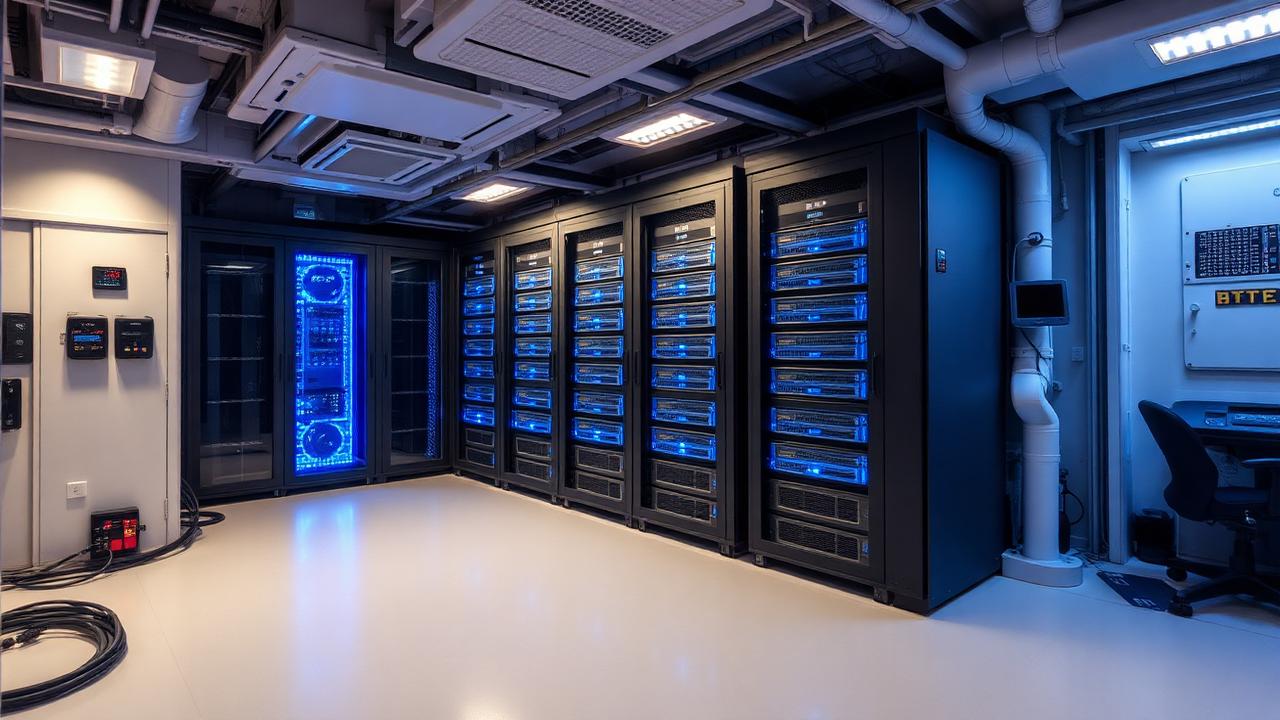 Sala server di bordo con rack di rete e apparati IPTV