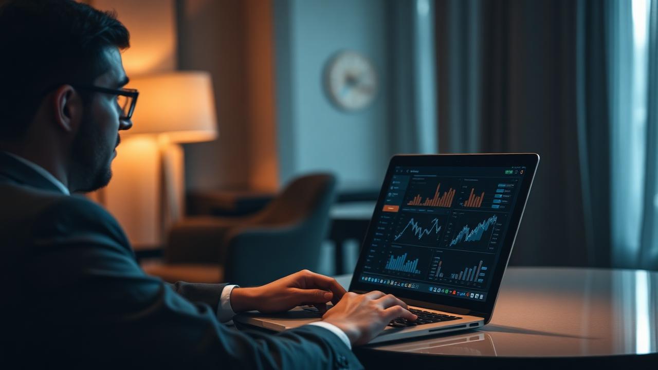 Manager di hotel analizza dashboard con grafici su un laptop