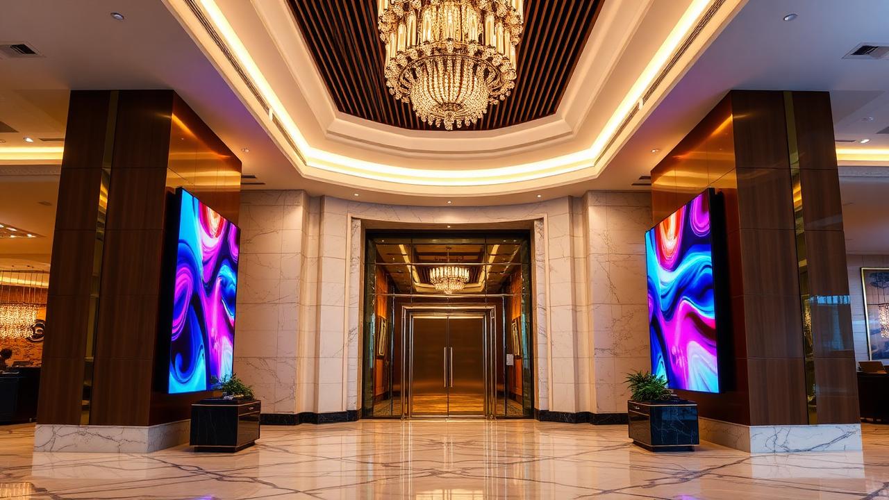 Lobby di hotel di lusso con schermi digitali verticali e finiture in marmo