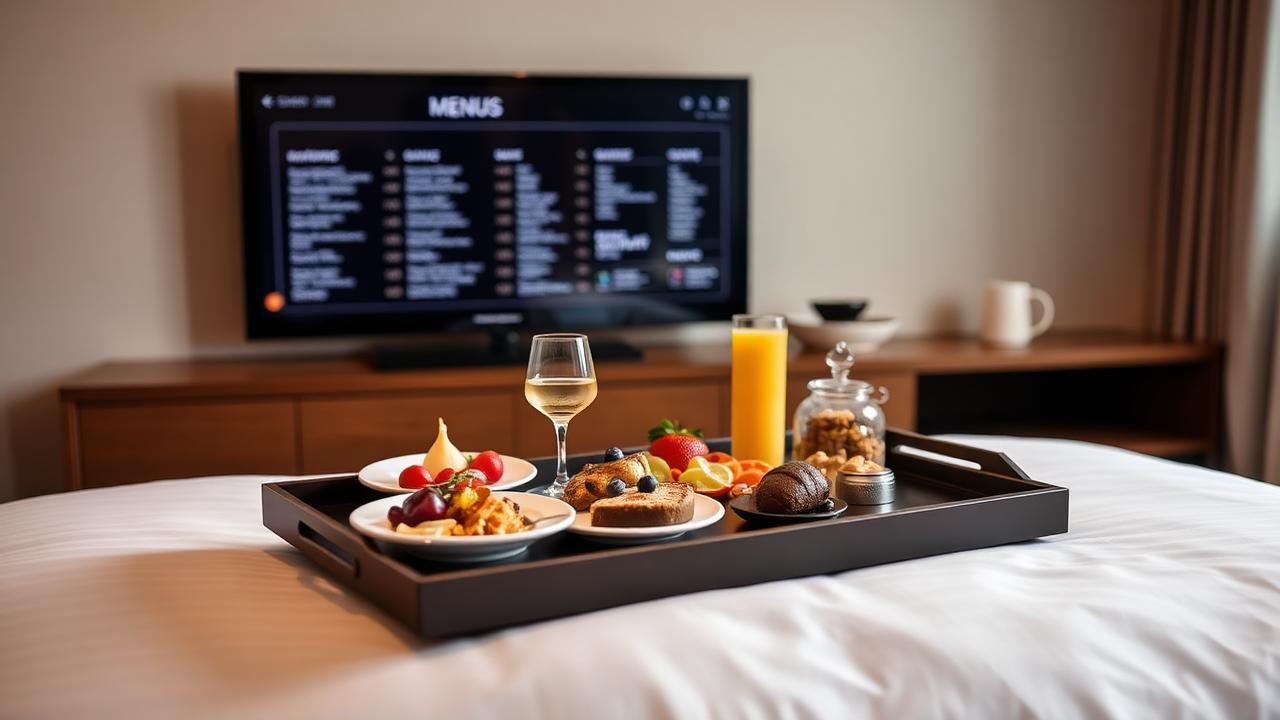 Vassoio room service in camera con TV che mostra il menu digitale Quadro