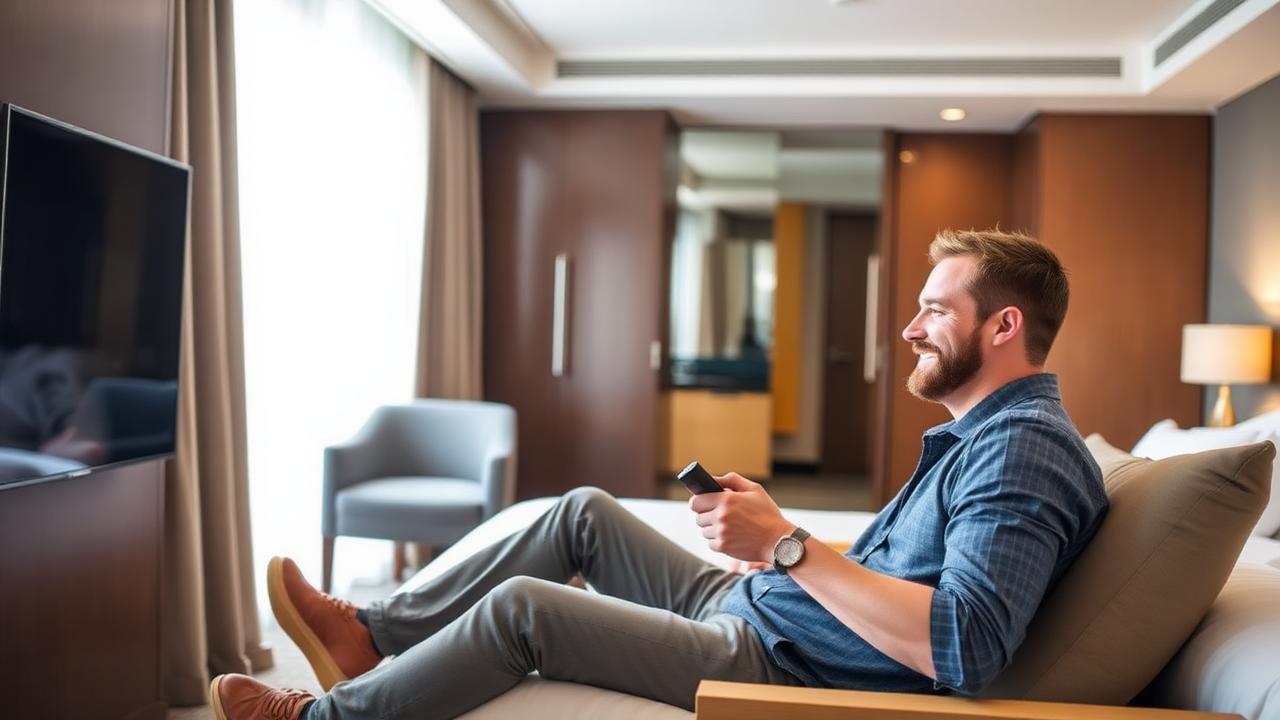 Ospite rilassato in camera d'albergo che usa il telecomando della TV