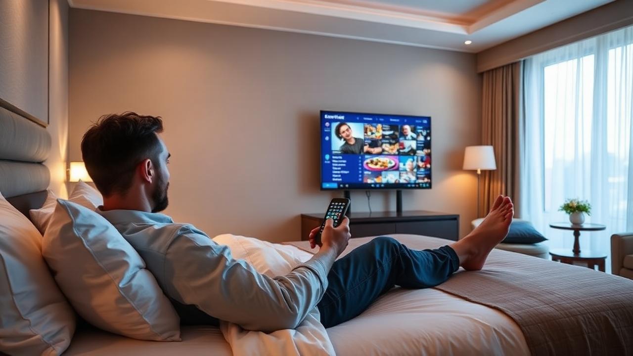 Ospite in camera che sfoglia il catalogo di intrattenimento sulla TV