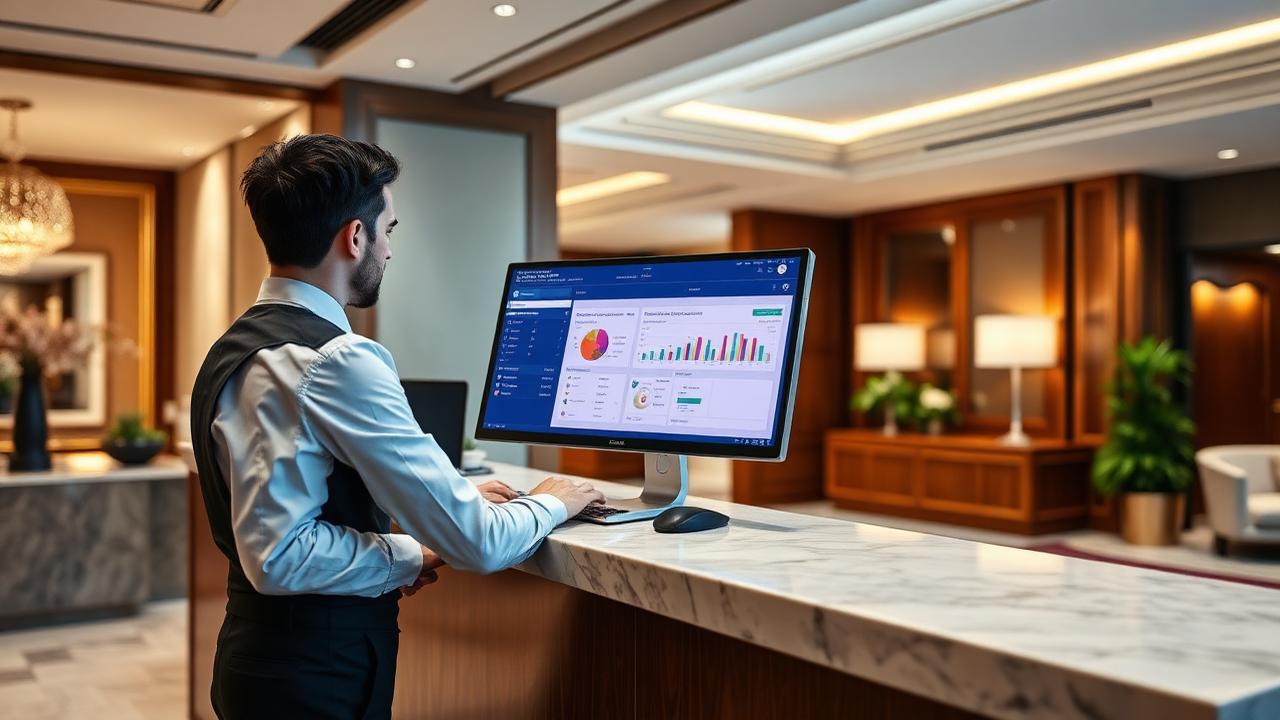 Receptionist managing the Quadro dashboard at the hotel front desk
