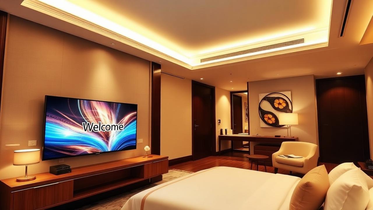 Camera di hotel di lusso con TV che mostra la schermata di benvenuto