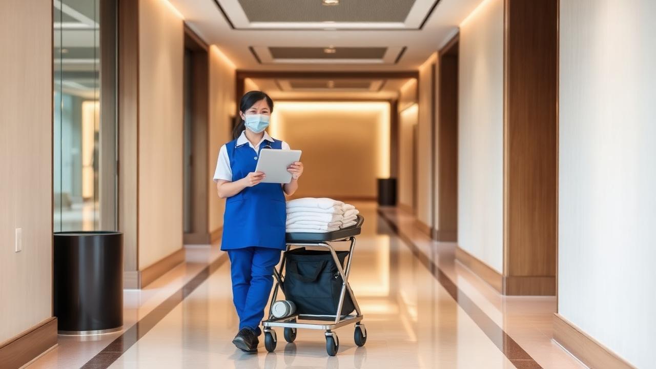 Cameriera ai piani con carrello biancheria e tablet in un corridoio d'albergo moderno