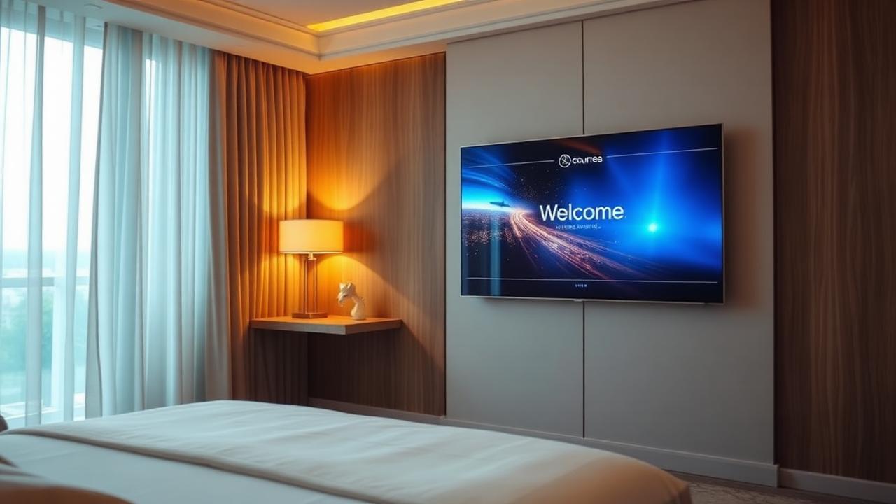 Modern hotel room with a large TV showing a branded hospitality interface