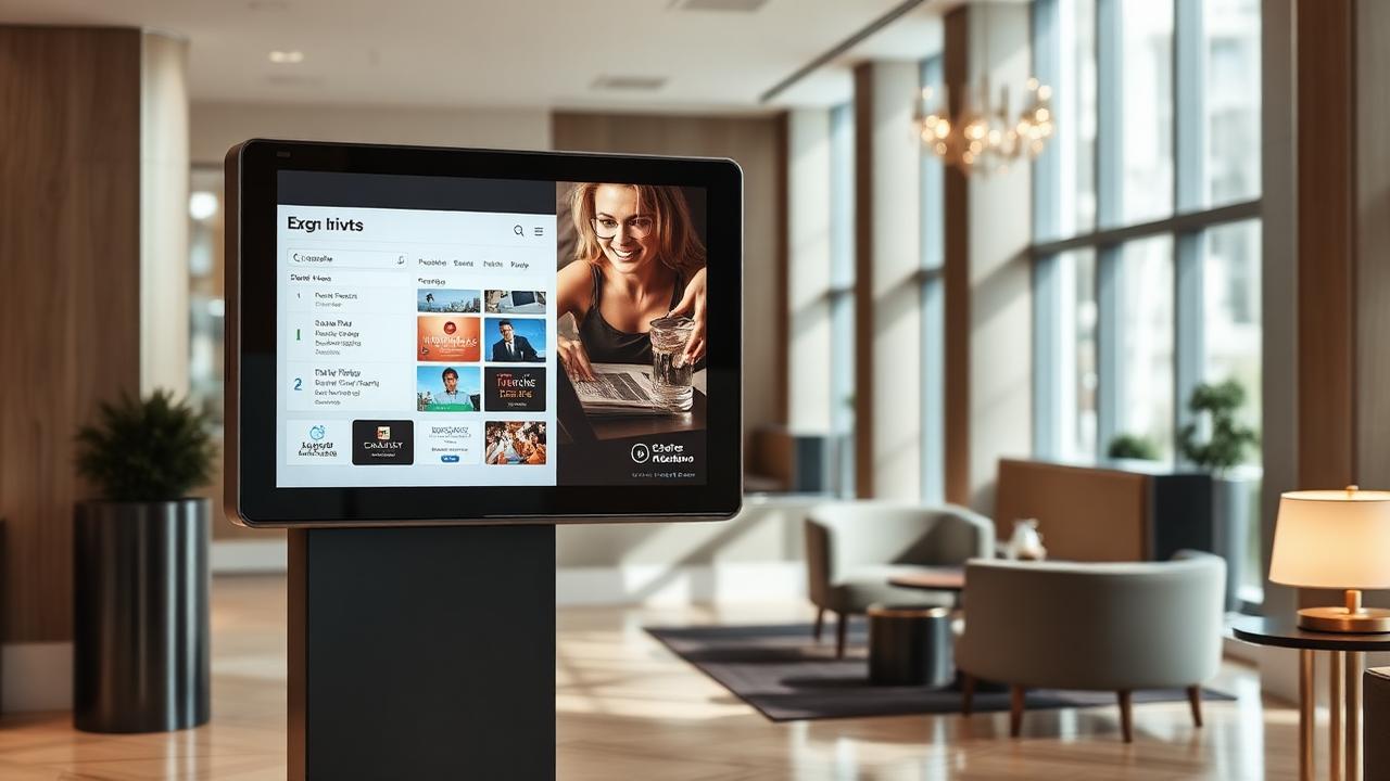 Totem di digital signage nella hall di un hotel con eventi e promozioni