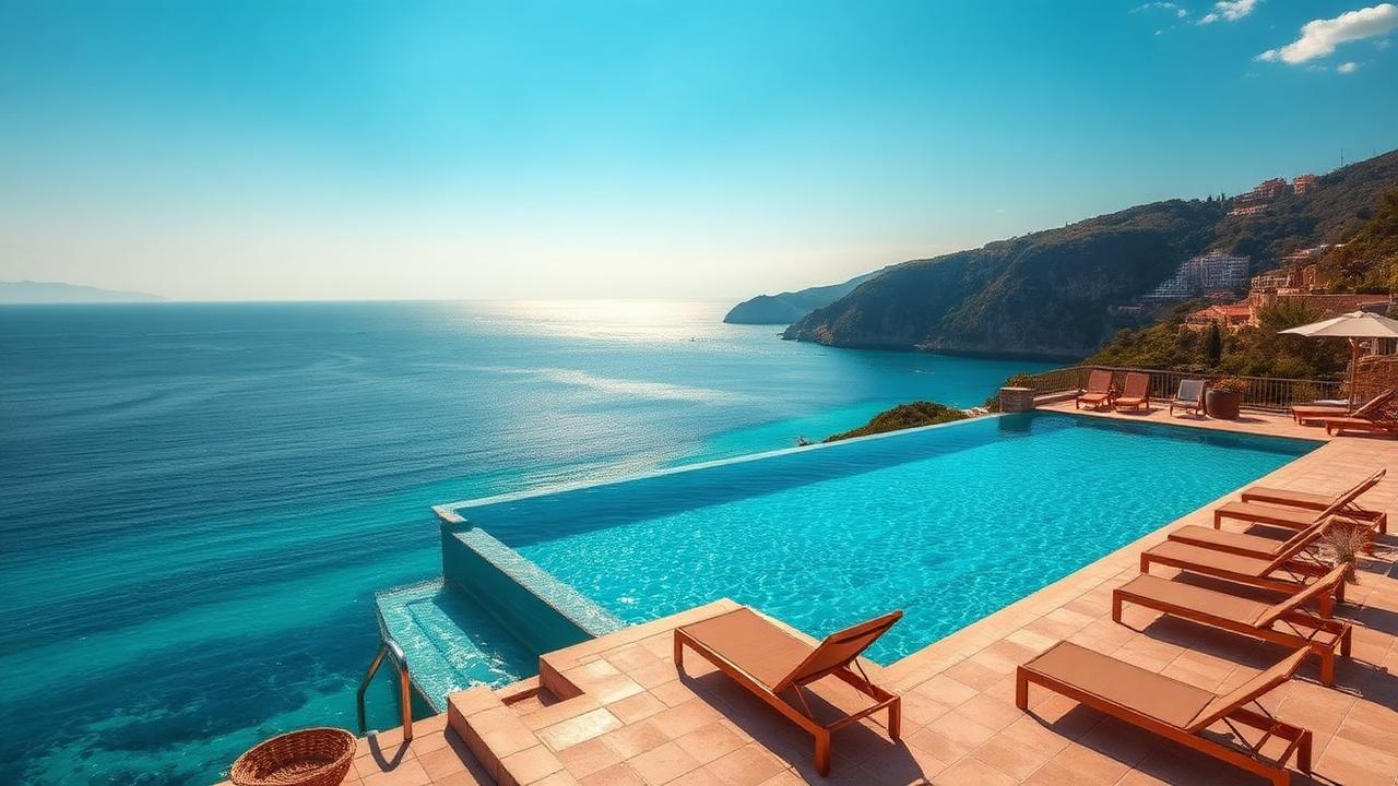 Piscina a sfioro di resort sul Mediterraneo con vista mare
