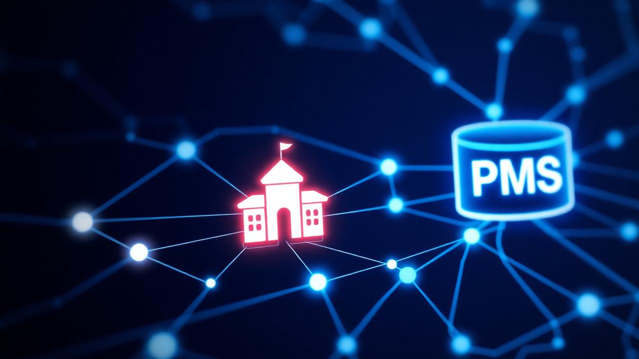 Visualizzazione astratta di nodi software che collegano hotel e PMS