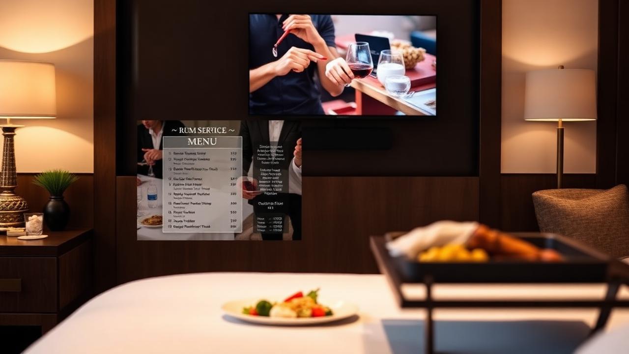 TV in camera mostra menu room service con vassoio servito sul letto
