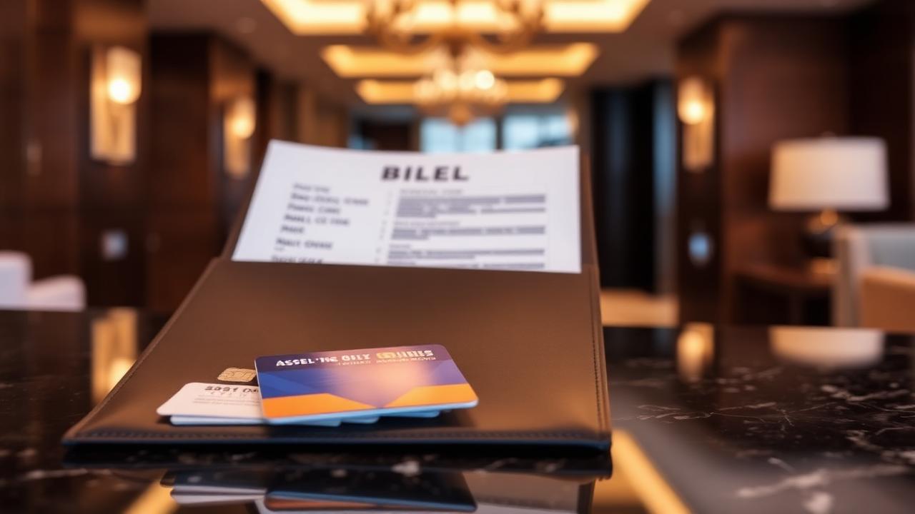 Cartella conto con carta di credito sul bancone della reception di un hotel di lusso
