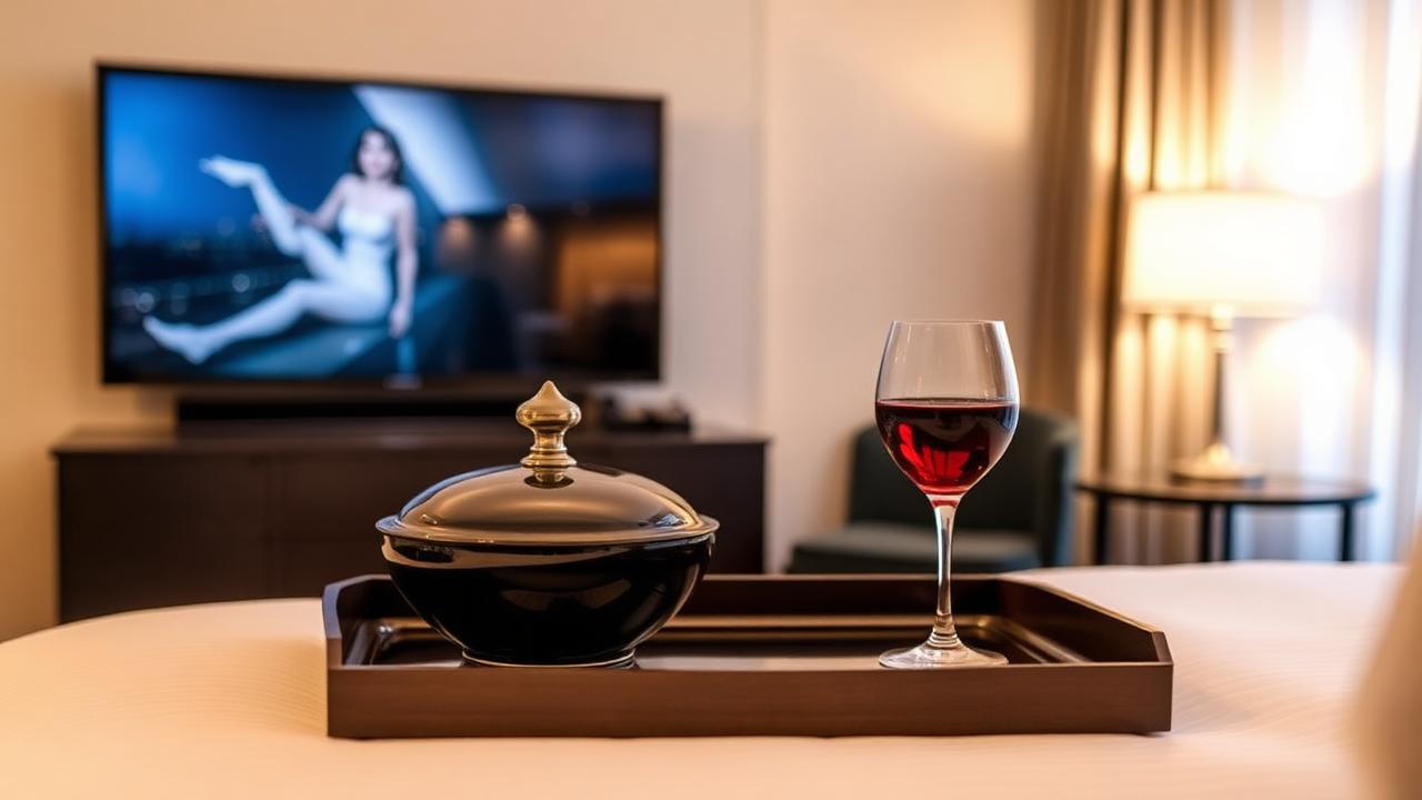 Vassoio di room service con piatto coperto e calice di vino su un letto d'albergo, TV accesa sullo sfondo