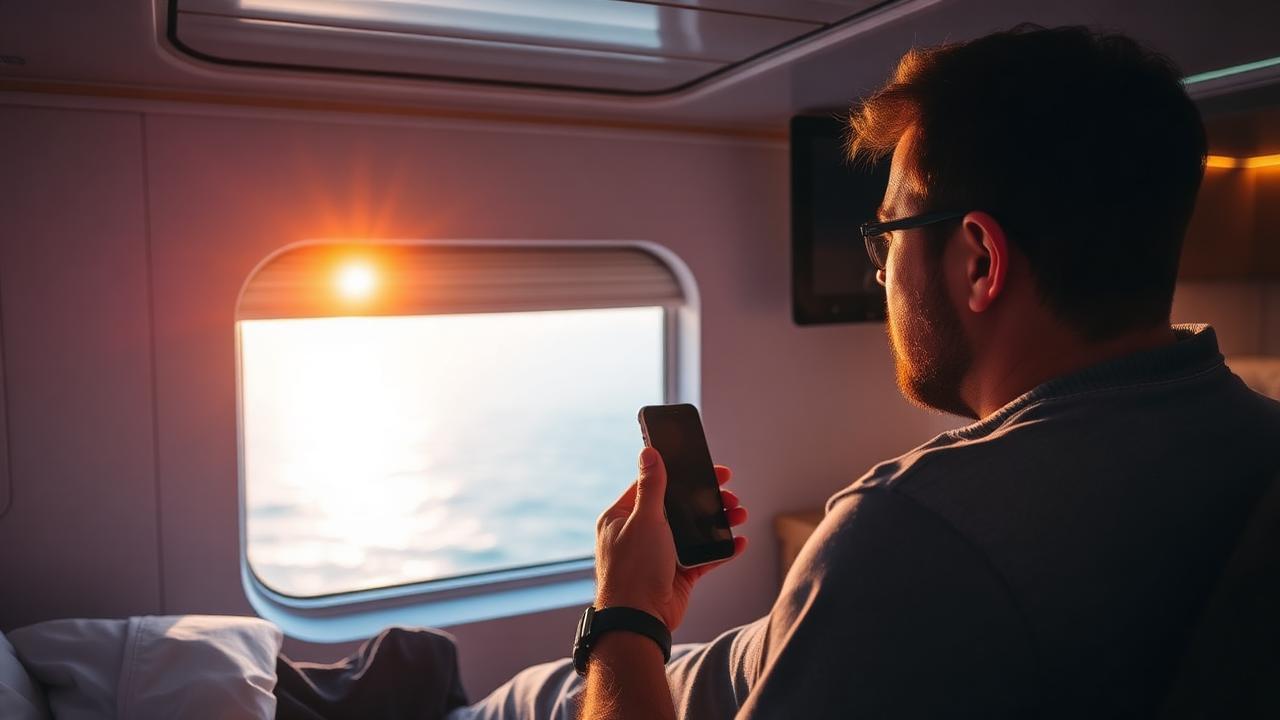 Passeggero in cabina di nave da crociera con smartphone e TV accesa al tramonto