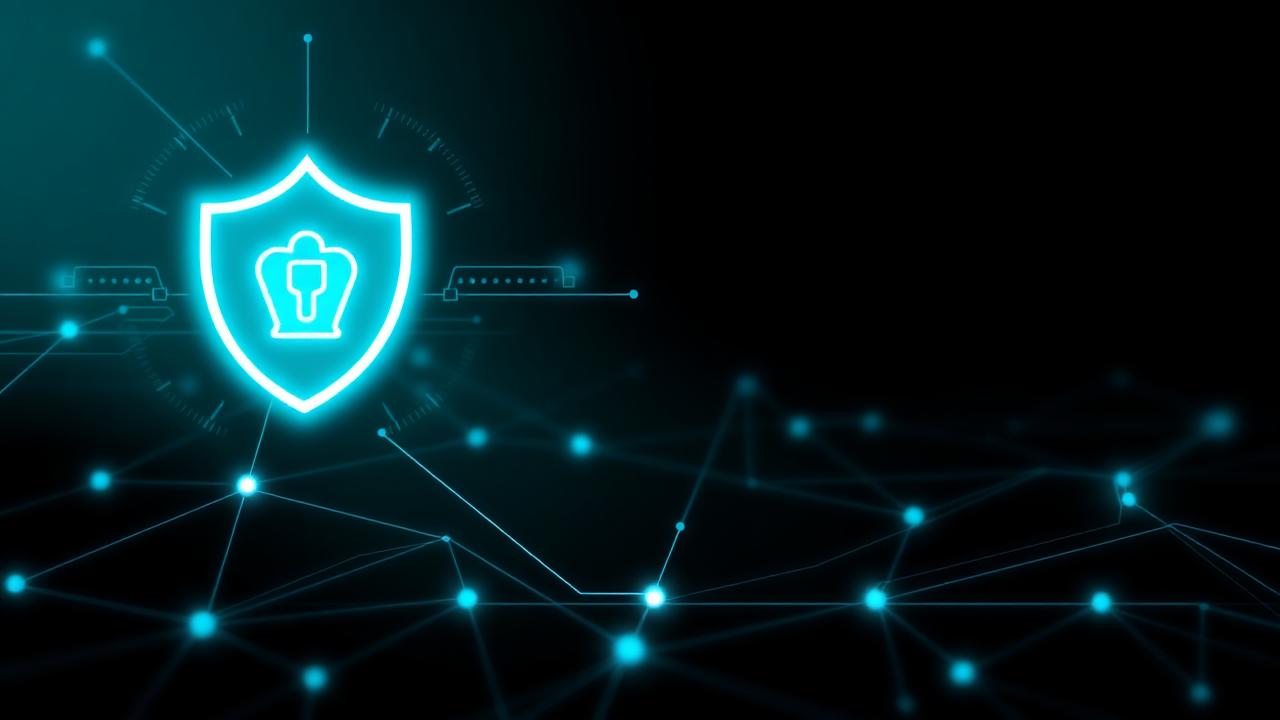 Illustrazione astratta di scudo di sicurezza e rete protetta in tonalità teal