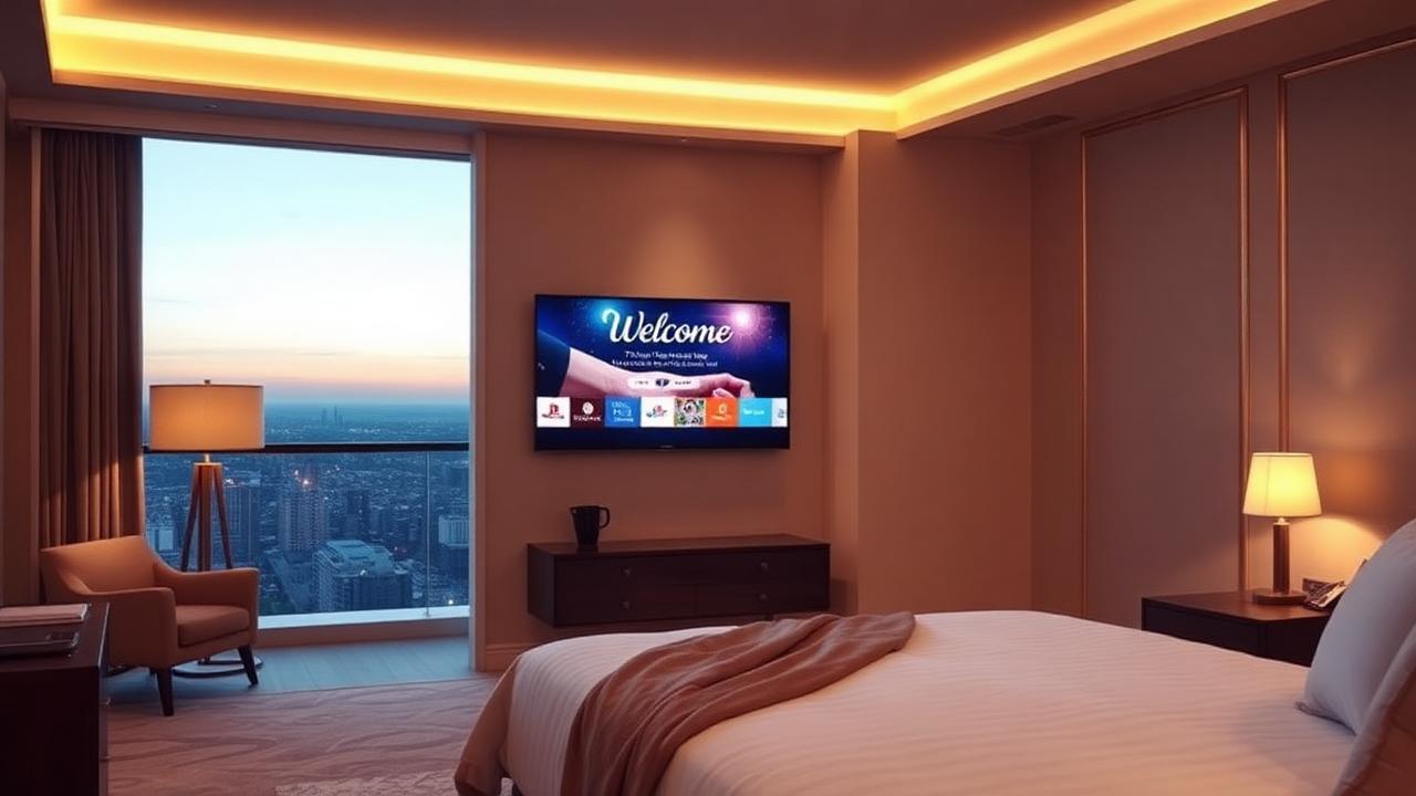 Suite d'hotel con TV che mostra l'interfaccia di benvenuto Quadro Entertainment