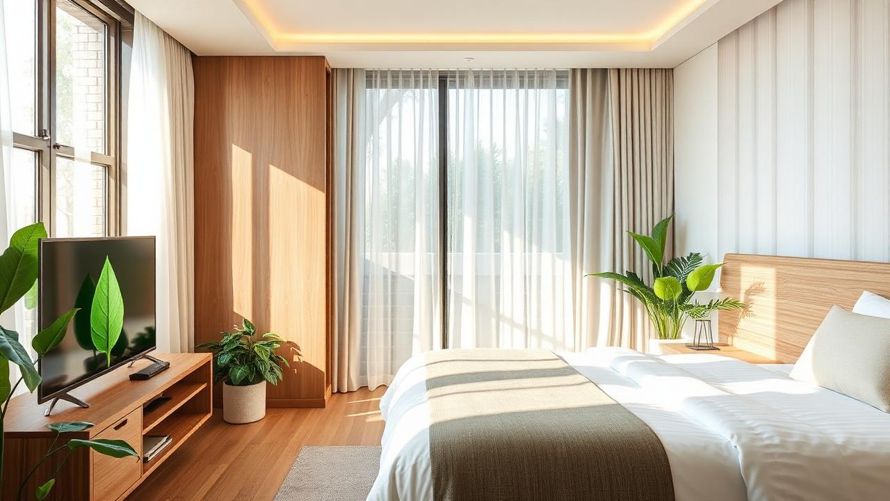 Camera hotel sostenibile con luce naturale, piante e TV a basso consumo