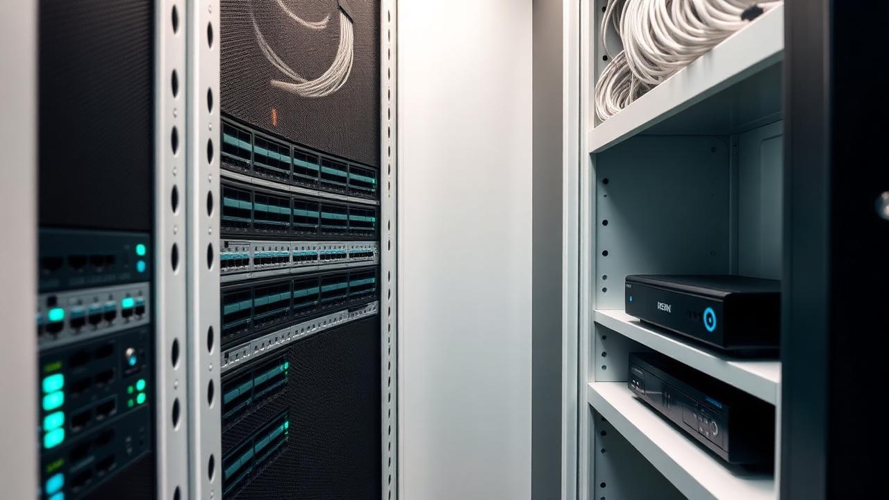 Rack di rete di un hotel con switch, cablaggio ordinato e Smart Box QUADRO