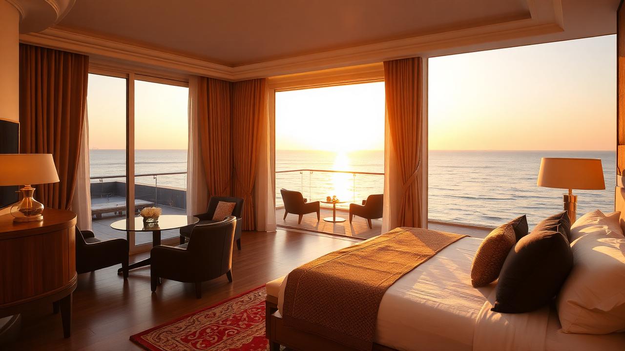 Suite di lusso con terrazza vista mare al tramonto